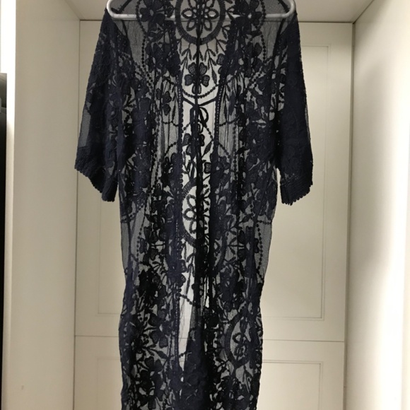 Women’s Swimsuit CoverUp Navy Lace Embroidered Lingerie Sarong Robe NWOT - Picture 2 of 6